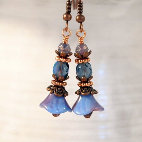 Copper Floral Earrings Boho Chic Czech Earrings  Pierced or Clip-on Earrings - Picture 2 of 10